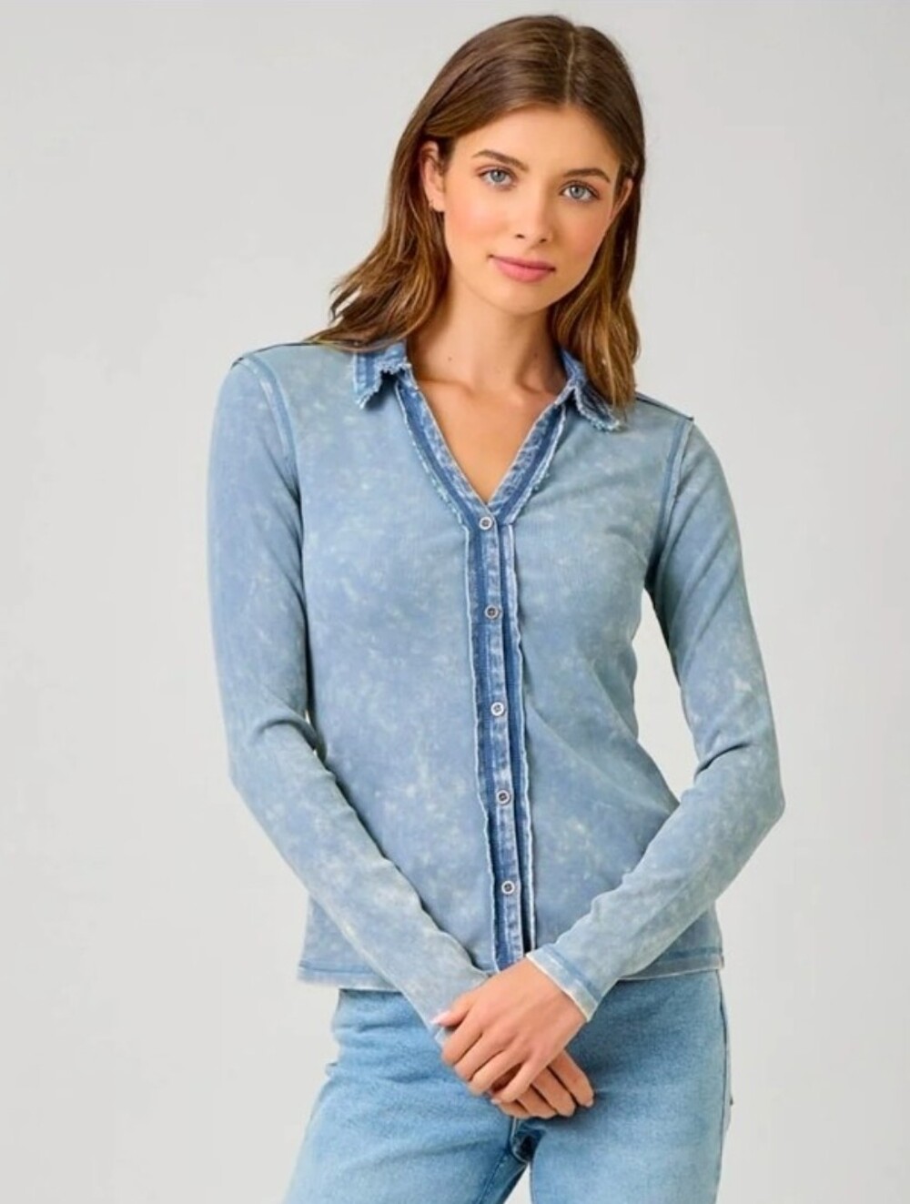 Light Blue Mineral Wash Button-Front Women's Top